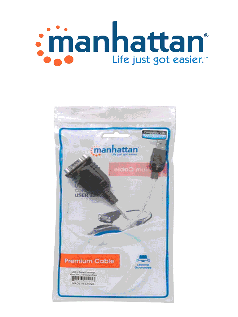 MANHATTAN 205153 Convertidor Serial a USB Conecta un dipositivo Serial/RS232/COM/DB9 a un puerto USB, Chip Prolific PL-2303RA, 45 Cm (18 in.) / Empaque tipo bolsa  (Sobre Pedido)