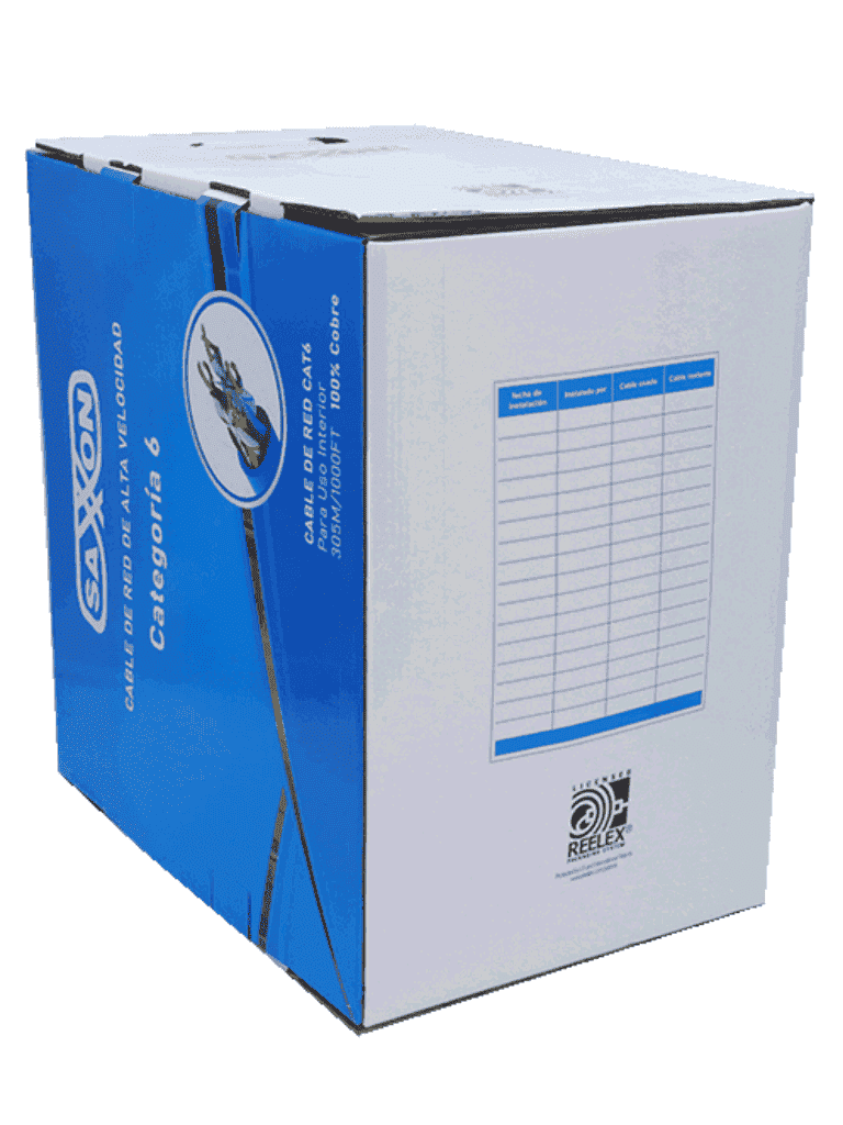 SAXXON OUTP6COP305B - Cable UTP Cat6 100% cobre, 305 metros, bobinado REELEX, color azul para interior. Certificado ISO9001, UL 444, RoHS, ANSI/TIA/EIA. Ideal para redes de datos y video.