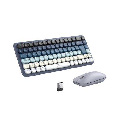 Paquete de Teclado y Mouse | 85 teclas en Español | Bluetooth y 2.4GHz |  Mouse Ambidiestro  | Sensor de DPI ajustable | Efectos de Iluminación del Teclado | Amplia compatibilidad | Color Azul.