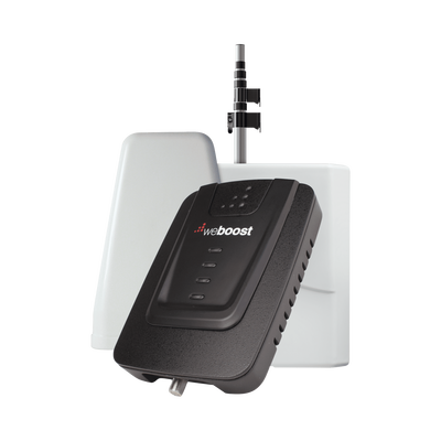 Kit de Amplificador de Señal Celular para Vehículo Recreacional u Oficina Móvil | 4G LTE 3G y 2G | 65 dB de Ganancia | Incluye Mástil Telescópico para Antena Exterior 