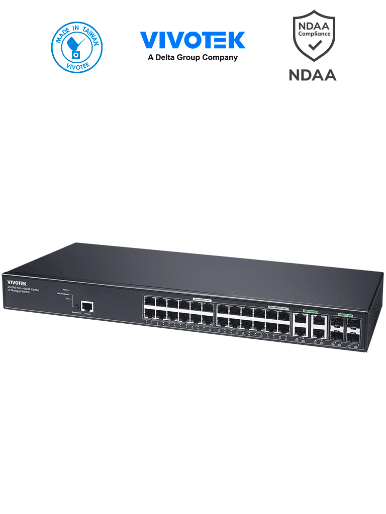 VIVOTEK AW-GEV-288A-370 - Switch PoE Administrable 24 puertos Gigabit, 20 x GbE Poe 30W, 4x GbE Poe 90W,  4x GbE/SFP Combo, L2, VIVOCAM para Videovigilancia, 56Gbps, 370W Totales, Extended PoE, NDAA #V1