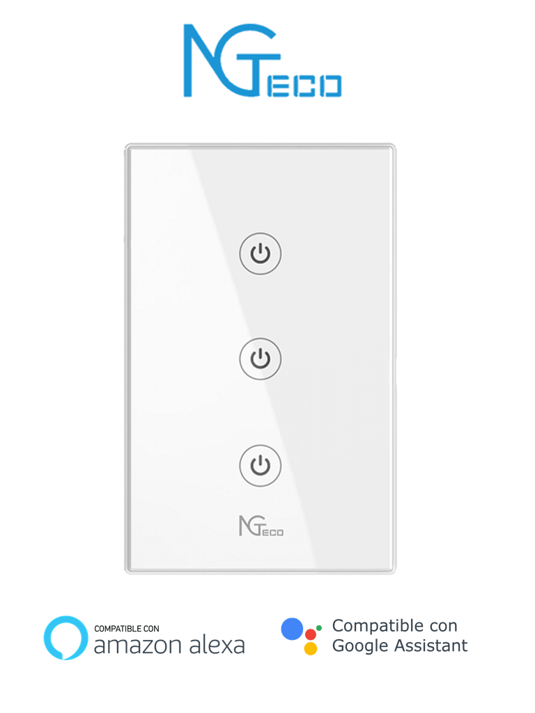 NGTECO NGS103 - Apagador Inteligente WiFi 3 Botones Touch / Control Remoto vía App / Control por Voz / Temporizador / Panel Táctil de Alta Sensibilidad / WiFI 2.4 GHz / Se requiere Cable Neutro / Compatible con Alexa y Asistente de Google 