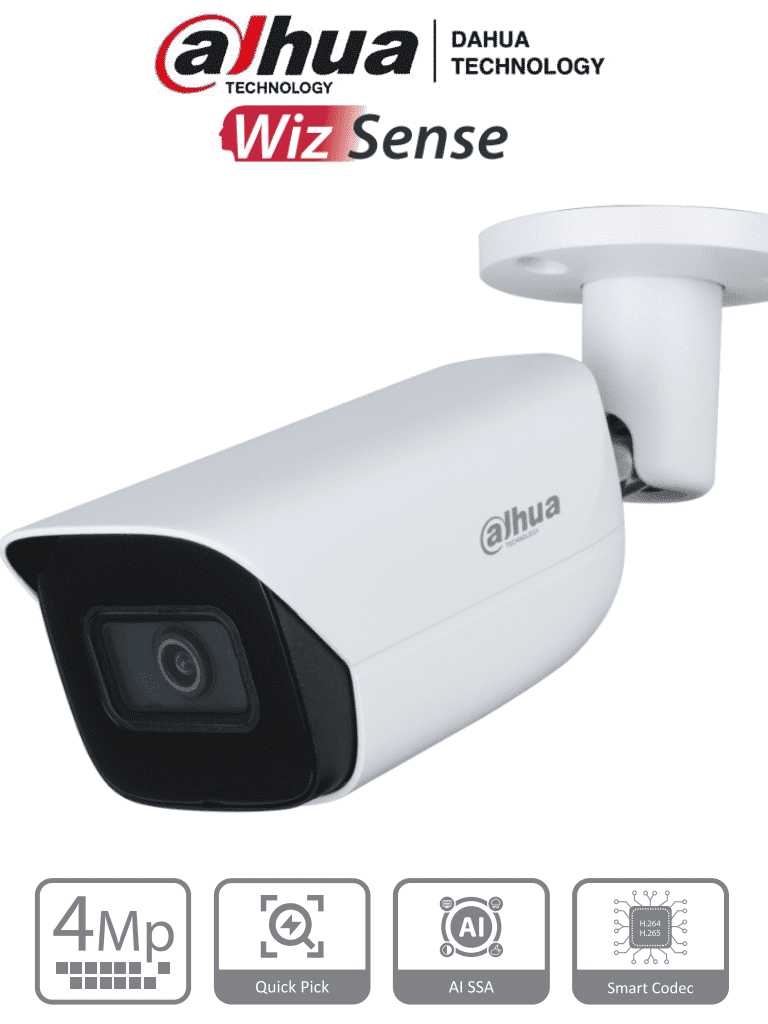 DAHUA IPC-HFW3441E-S-S2 - Camara IP Bullet de 4 Megapixeles con IA/ WizSense/ Lente de 2.8mm/ 107 Grados de Apertura/ Microfono Integrado/ IR de 50 Metros/ SMD 4.0/ Quick Pick/ AI SSA/ WDR Real/ IP67/ Ranura para MicroSD/ PoE/ 