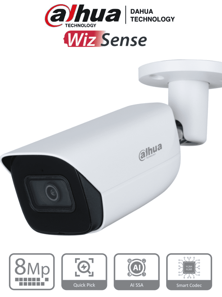 DAHUA IPC-HFW3841E-AS-S2 - Camara IP Bullet de 8 Megapixeles con IA/ WizSense/ Lente de 2.8 mm/ 107 Grados de Apertura/ H.265+/ Microfono Integrado/ 1 E&S de Alarma y Audio/ SMD 4.0/ WDR Real/ Quick Pick AI SSA/ PoE/ IP67/  