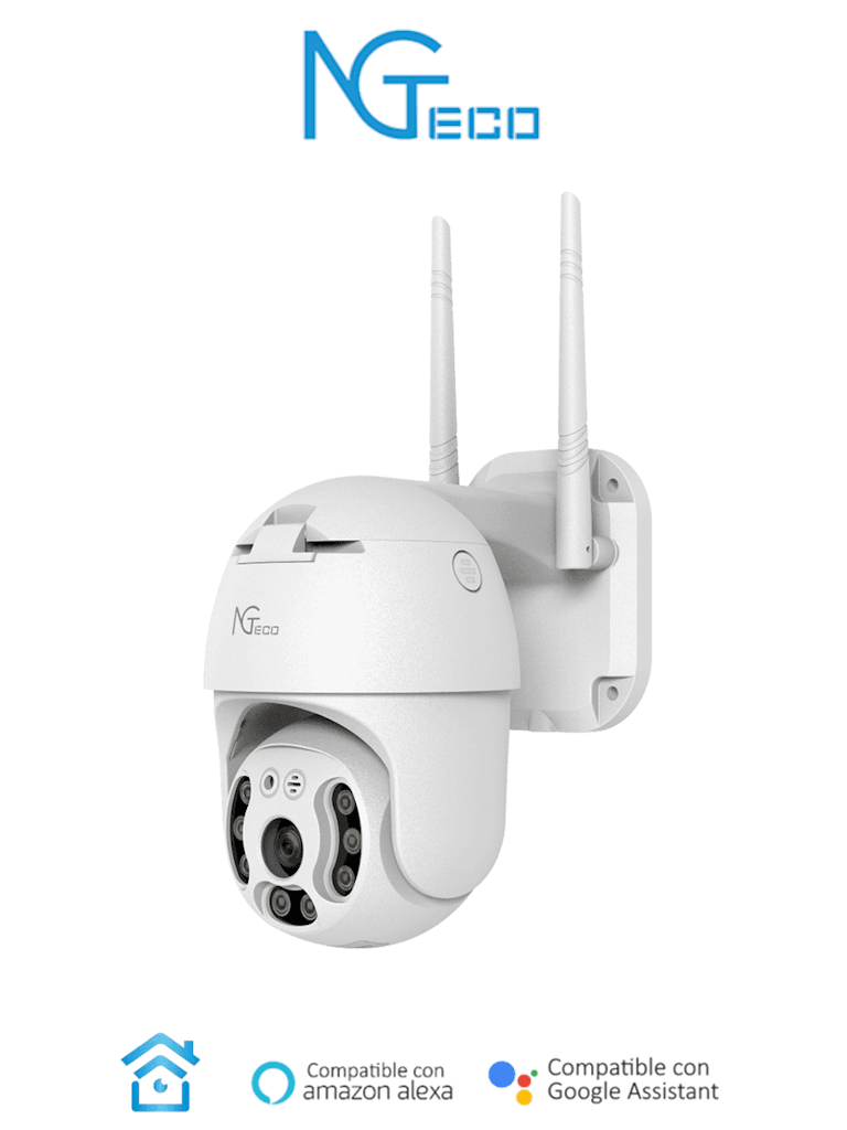 NGTECO NGC4200 - Cámara PT WiFi de 3MP con lente de 3.6mm, altavoz y micrófono integrados. Ofrece audio bidireccional y alcance IR de 20m. Utiliza compresión de vídeo H.265. Compatible con almacenamiento local y en la nube. Funciona con Alexa #NG #MCI2