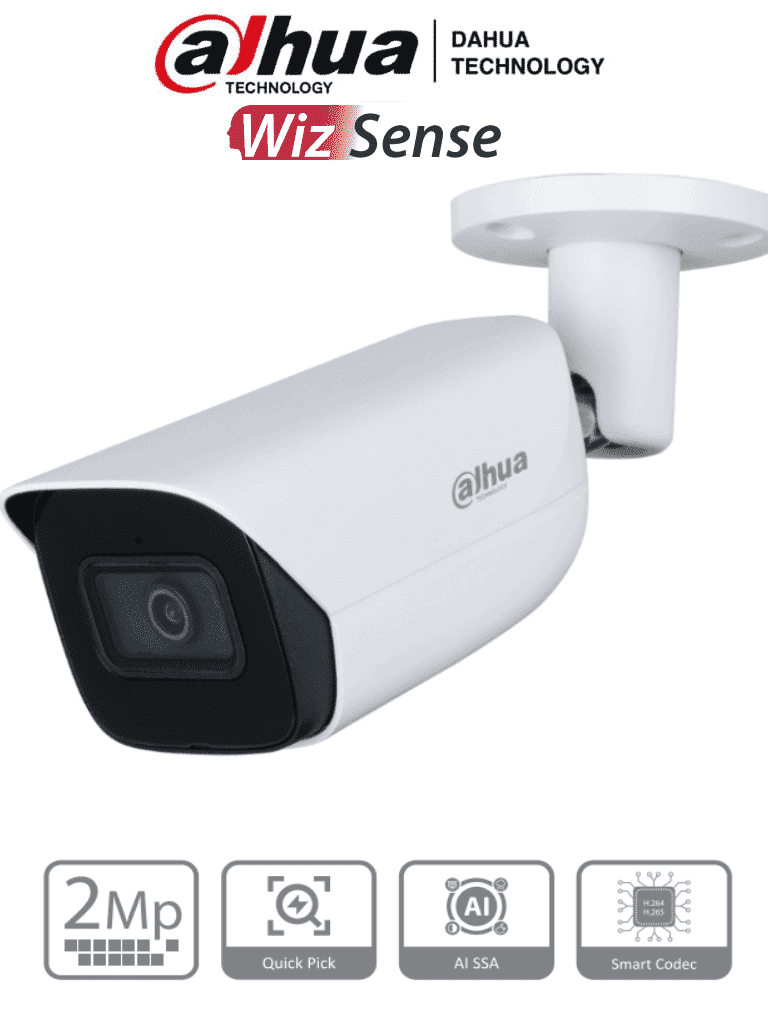 DAHUA IPC-HFW3241E-S-S2 - Cámara IP Bullet de 2 MP/ WizSense/ Con IA/ Lente de 2.8 mm/ 107° de Apertura/ Micrófono integrado/ IR de 50 m / SMD 4.0 / AI SSA / Quick Pick/ Ranura MicroSD/ WDR Real de 120 dB / PoE / IP67 / 