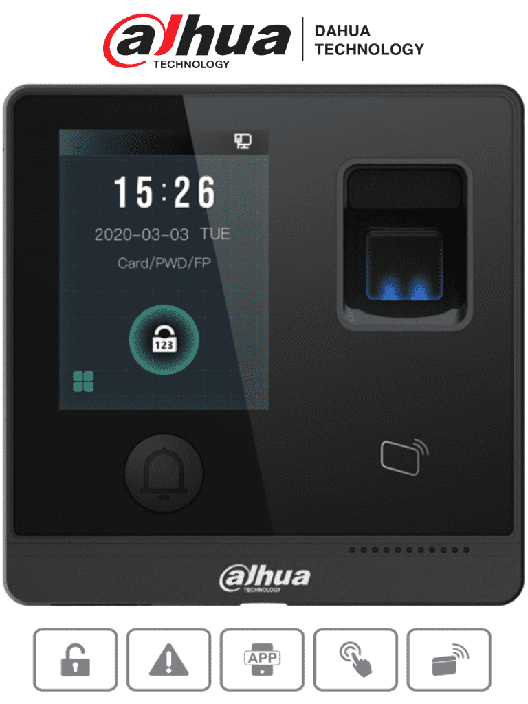 DAHUA ASI1212F-D - Control de Acceso Touch/ 3,000 Huellas/ 30,000 Tarjetas ID/ 30,000 Passwords/ 150,000 Registros/ Apertura Remota desde APP/ Tiempo de lectura de 1.5 s/ TCP/IP/ E&S de Alarma/ Boton de Apertura/ 