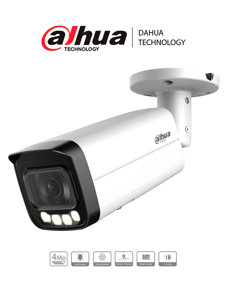DAHUA DH-IPC-HFW5449TP-ASE-LED-0280B-S2  Cámara IP Bullet Full Color de 4 MP/ Lente de 2.8 mm/ 40 m ir/  Micrófono Integrado/ Detección Facial/ Conteo de Personas/ Protección Perimetral/ SMD 3.0./ ePoE/ IP67/ E&S de Alarma/ Ranura para Micro SD/AcuPick
