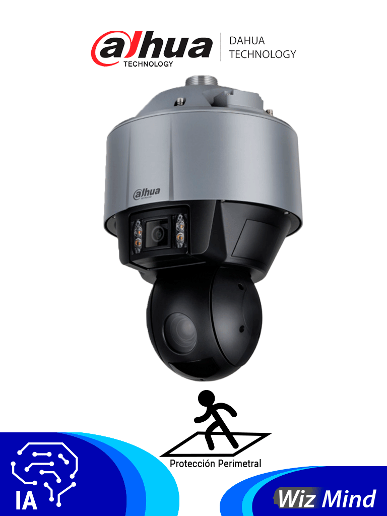 DAHUA DH-SDT5X405-4F-QA Cámara PTZ Dual de 4MP con IA, WizMind y visión multivisión. Incluye lente panorámico de 6mm y zoom 10-50mm para detalles precisos, IR de 100m, y soporte para reconocimiento y captura de rostros. #MV