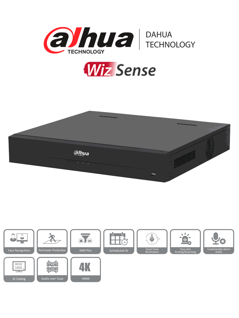 DAHUA DH-XVR5416L-4KL-I3 - DVR de 16 canales, resolución 4K, WizSense, H.265+, IA avanzada, 4 bahías para discos duros, soporte para 16 canales IP adicionales (32 en total), 2 canales de reconocimiento facial, SMD Plus, y funciones IoT y POS.