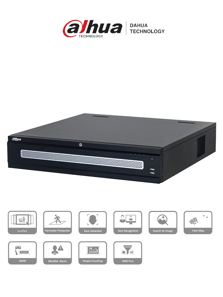 DAHUA DHI-NVR608RH-128-XI - NVR con tecnología Acupick y WizMind 128 canales 32MP, 8HDD, 1024Mbps. Clúster N+M, RAID0/1/5/6/10, Hot Swap. Detección de rostros, metadatos, protección perimetral, SMD Plus, y soporte IA por cámara.