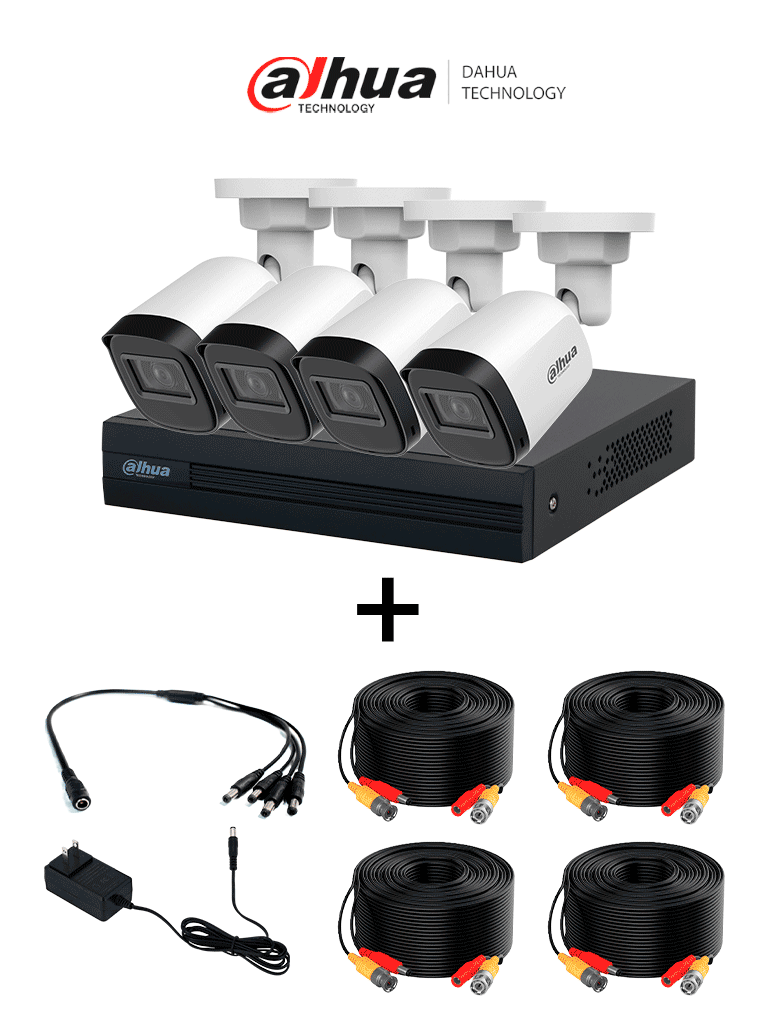 DAHUA PAQXVR1B04-I+4B1A21-DH-PFM942I-20-5- Paquete de 4 Canales de 2 Megapíxeles/ DVR Cooper-I WizSense con IA/ Compresión H.265+/ 4 cámaras B1A21/  4 CH + 1 IP o hasta 5 IP/ Incluye 4 Cables DH-PFM942I-20-5/ SMD Plus y Búsqueda de Humanos y Vehículos