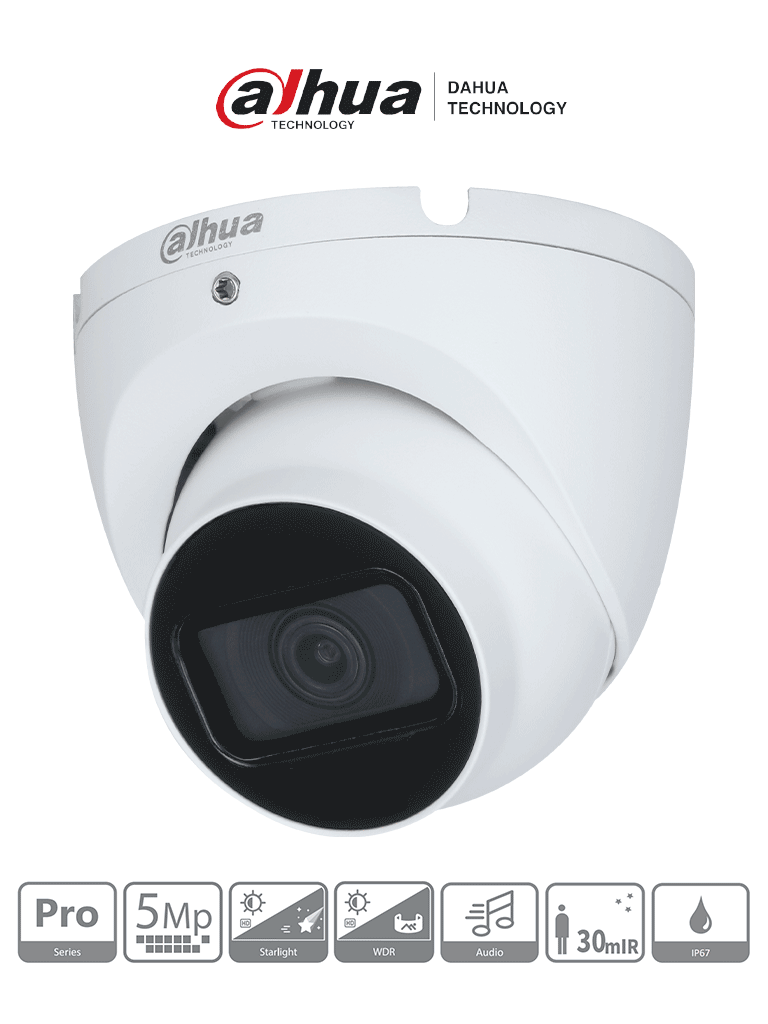 DAHUA HAC-HDW2501TLM-A -  Cámara Domo 5MP, Serie Pro con lente de 2.8mm y ángulo de 111°; IR 30m, micrófono integrado, carcasa metálica, WDR 120dB, IP67, con tecnología Starlight y HDCVI. Calidad superior en cualquier entorno.