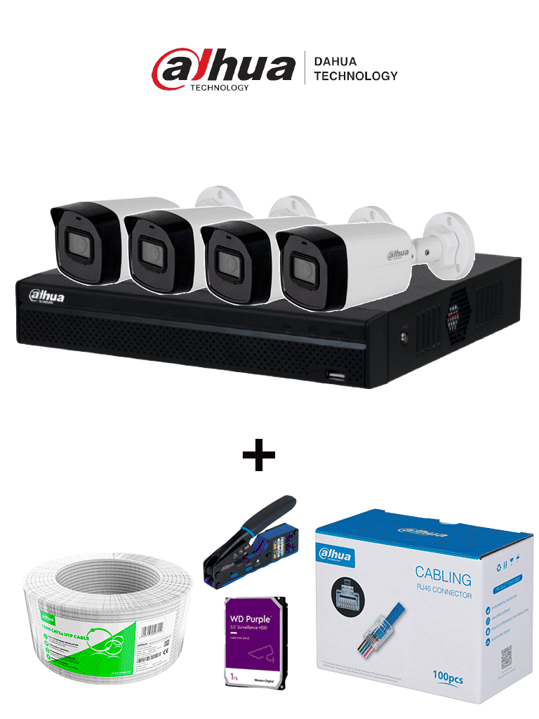 Bundle  NVR+4BulletIP - Compra 1 NVR NVR1104HS-P-S3 de 4 Canales/ 4 cámaras IPC-B1E20 / Bobina de 100m/ Caja con 100 plugs/ Pinza de corte rj45/ Disco Duro 1TB/ #MiPrimerIP
