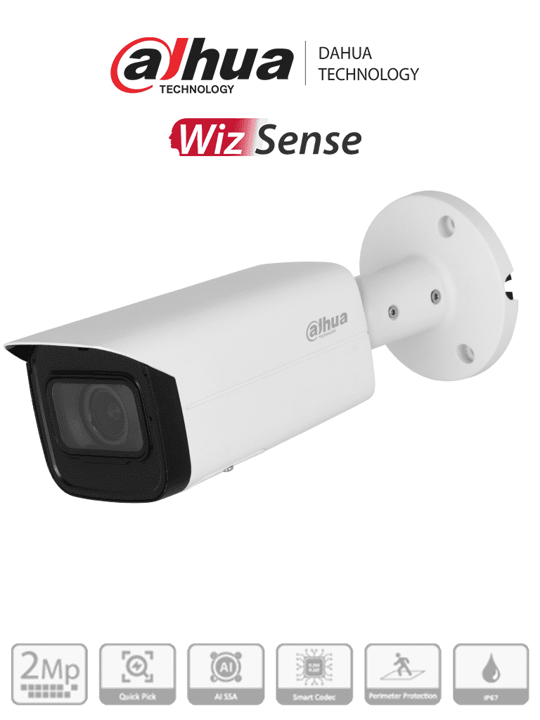 DAHUA IPC-HFW3241T-ZAS-S2 - Cámara IP Bullet de 2MP/WizSense/Lente Motorizado de 2.7 a 13 mm/ IR de 60 Metros/ Micrófono Integrado/ IA/ SMD 4.0/ AI SSA/ QuickPick/ E&S de Alarma y Audio/ IP67/ PoE/Ranura para Micro SD#DAHQ1M #D50 #IMD #DA5 #MCI2