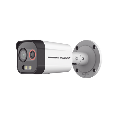 Bala IP Dual / Térmica 1.3 mm (96 x 72) / Óptico 4 mm (4 Megapixel) / Detección de Excepciones de Temperatura 30 mts /30 mts Luz Blanca / Exterior IP67 / PoE / Sirena y Luz Intermitente Integrada / Micro SD / ColorVu y ACUSENSE 