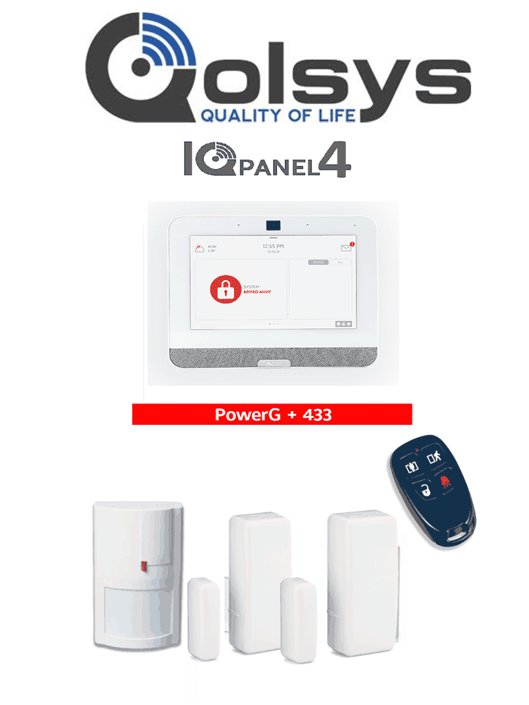 QOLSYS IQ4 PACK - Paquete de Alarma IQPanel4 de Qolsys incluye Panel Autocontenido, con Pantalla Táctil de 7", Power G 915 Mhz + DSC power 433 Mhz. 4 Bocinas integradas, 2 Magnéticos Inalámbricos WS4945. 1  WS4904PM y WS4939