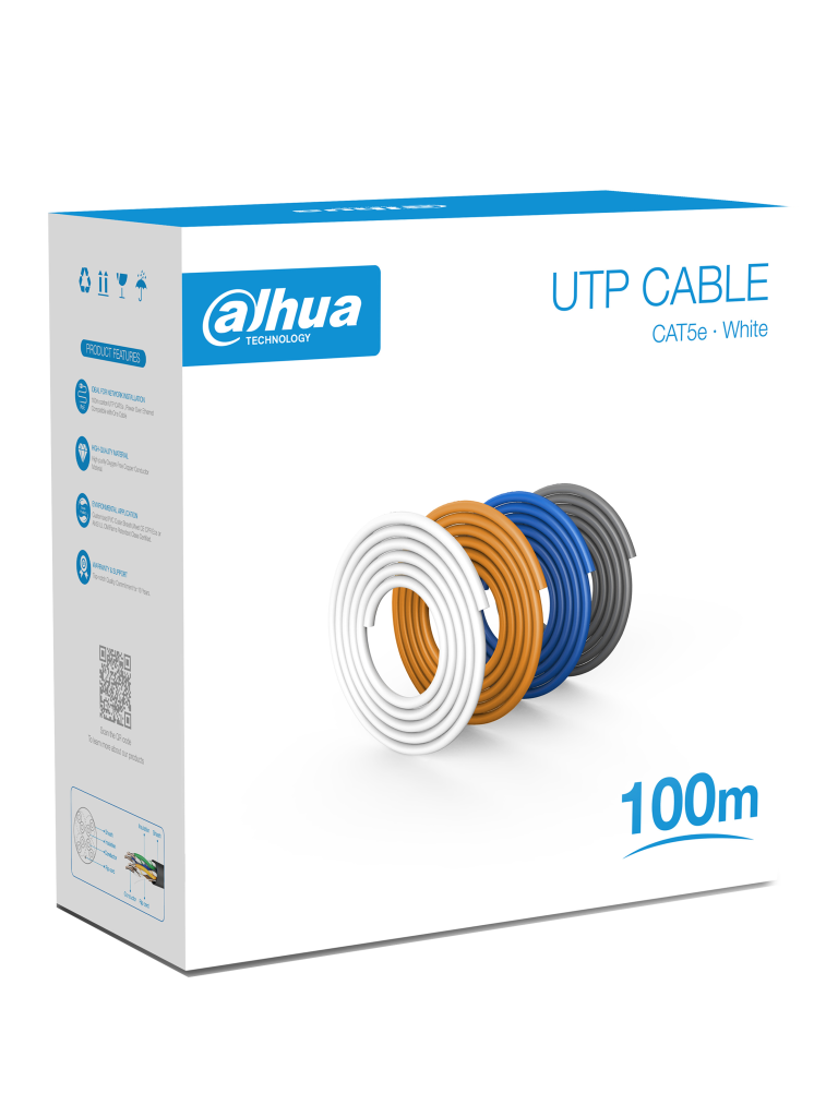 DAHUA PFM920I-5EU-U-100 - Bobina de 100 Mts de Cable UTP Cat5e/ 100% Cobre/ Color Blanco/ Cubierta Retardante de Flama con Certificacación ANSI/ UL CM/ Ideal para Video y Redes/ 