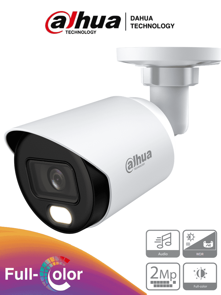 DAHUA DH-HAC-HFW1239TN-A-LED-0360B-S3 - Cámara Bullet Full Color de 2 Megapixeles 1080p, micrófono integrado, lente de 3.6mm, WDR 130dB, LEDs para 20m, protección IP67 y tecnología Starlight.