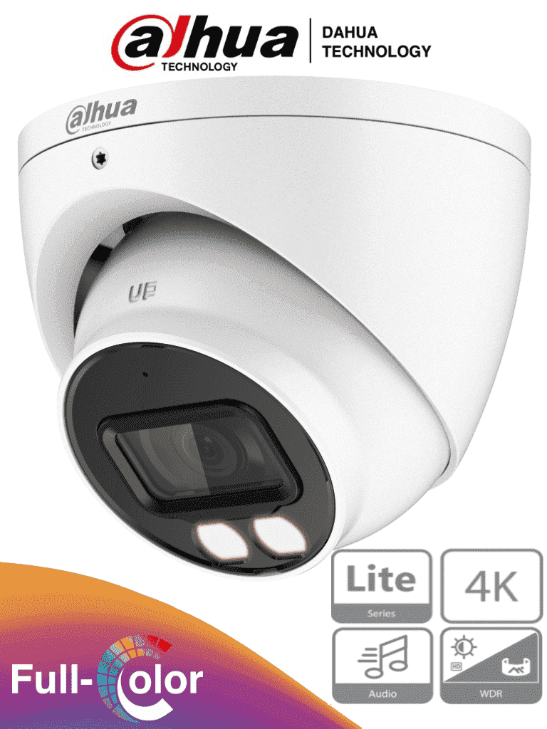 DAHUA HAC-HDW1809T-A-LED - Camara Domo Eyeball 4k Full Color/ 8 Megapixeles/ Lente de 2.8 mm/ 106 Grados de Apertura/ Microfono Integrado/ 40 Metros de Iluminación/ Imagen a Color 24/7/ Super Adapt/ WDR de 120 dB/ 