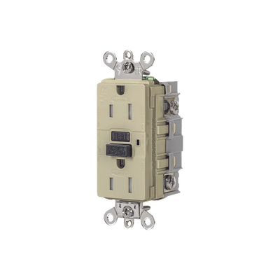Contacto de Auto-verificación GFCI de 15 A 125 V 2 Polos/  Resistente a Manipulaciones y Intemperie / Color Marfil / Nema 5-15R / Grado Industrial.