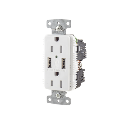 Contacto Dúplex con 2 Puertos USB, 15A 125V, 2 Polos, 3 Hilos, Color Blanco. 