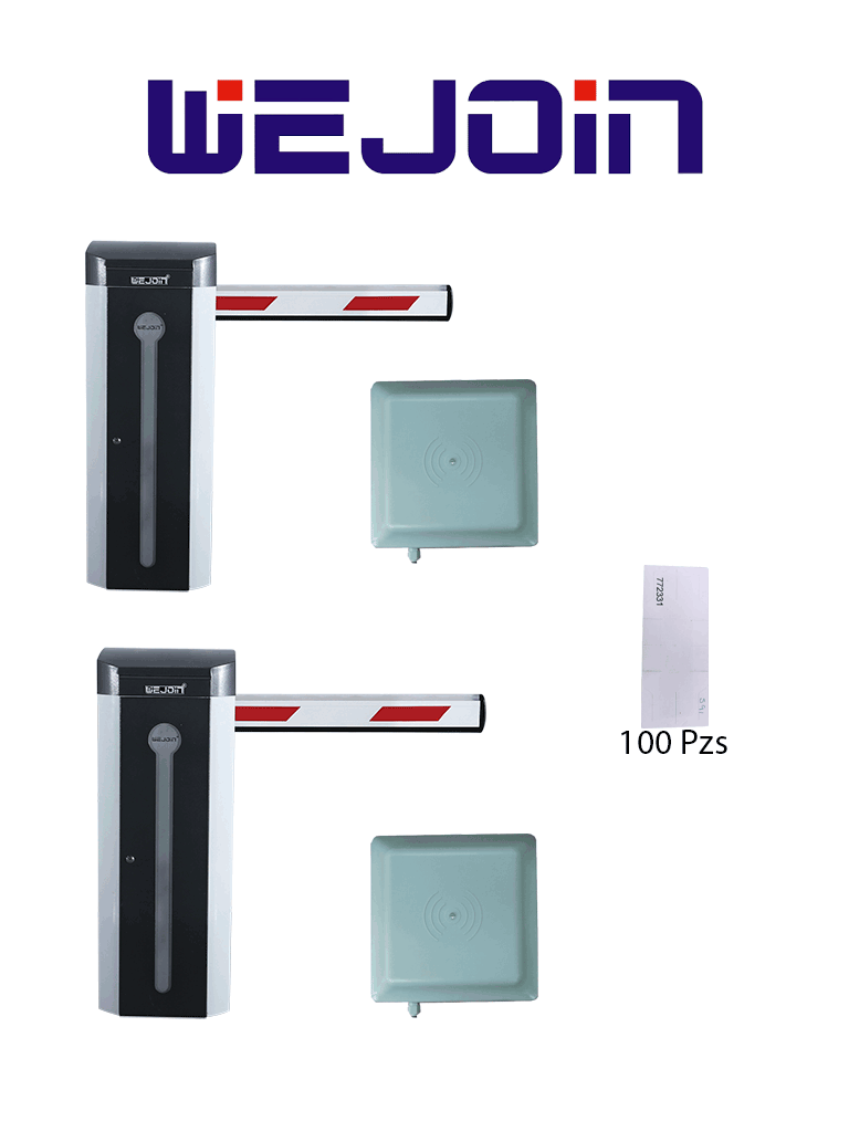WEJOIN WJCB120 Kit de 2 Barreras Vehiculares de 4M con 2 Lectoras UHF de 6M y 100 Tags Adheribles