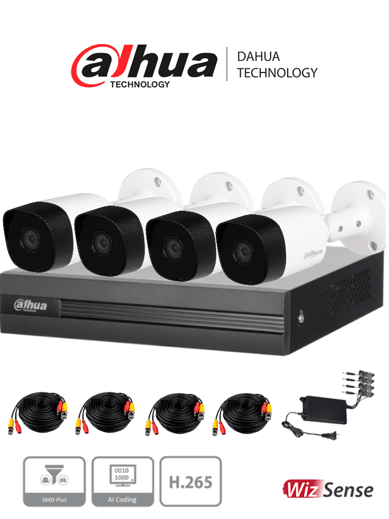 DAHUA KITXVR1B04H-I+4B2A51 -Kit de 4 Ch de 5 MP/ DVR Cooper-I WizSense/Con IA/ H.265+/4 Camaras B2A51 Metalicas/4 Ch + 1 IP o Hasta 5 Ch IP/ 4 Ch SMD Plus/Busqueda de Humanos y Vehiculos/Accesorios Incluidos#DAHQ1M #NuevoPrecio #DMD #DVM#VolDH #MCI2