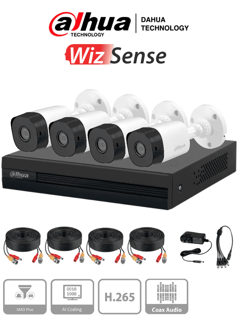 DAHUA KITXVR1B04-I1MP-2.8 - Kit de 4 canales con cámaras B1A11 de 1 MP, lente de 2.8mm y ángulo de visión 93°. Soporta 4 canales más 1 IP o hasta 5 canales IP, tecnología SMD Plus, búsqueda de humanos y vehículos #DAHQ1M #LF #DVM #VolDH