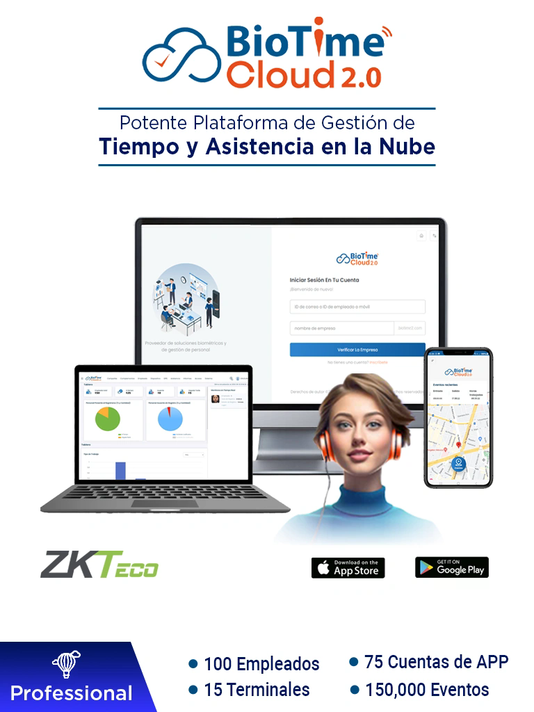 ZKTECO BIOTIMECLOUDPROFESSIONAL - Licencia de Asistencia en la Nube para 100 Empleados, 15 Terminales, 150,000 Eventos y 75 Cuentas de App, Suscripción por un Año #BC2