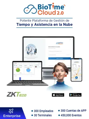 ZKTECO BIOTIMECLOUDENTERPRISE - Licencia de Asistencia en la Nube para 300 Empleados, 30 Terminales, 450,000 Eventos y 300 Cuentas de App, Suscripción por un Año #BC2