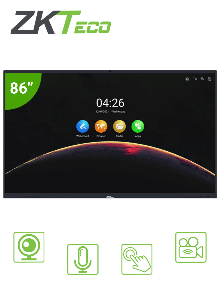 ZKTECO IWB86B - Pantalla Digital Interactiva / 86 pulgadas / 4K UHD / Android / Bisel Delgado / Cámara Integrada 13 megapíxeles / Matriz de 6 Micrófonos / 20 Puntos Multi-touch / Proyección Inalámbrica mediante WiFi 