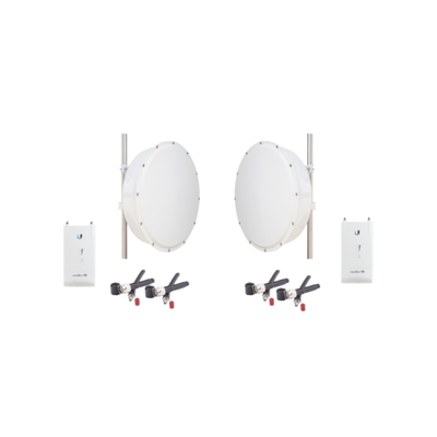 Kit de 2 radios R5ACLITE, 2 antenas de 30 dBi con rango de frecuencias (4.9-6.5 GHz), incluye jumpers y radomo, ideal para distancias de hasta 30km