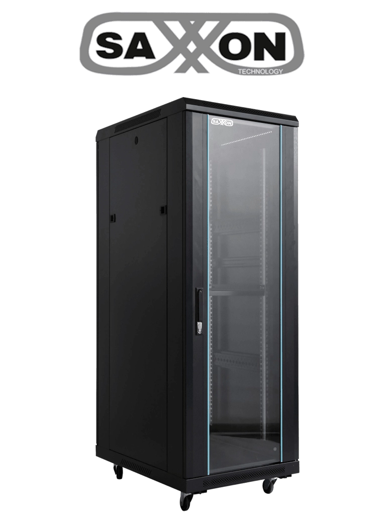 SAXXON SXR32U6632S - Gabinete de Piso 32UR, Negro, Puerta de Vidrio Templado, 160x60x60 cm, Base con 2 Ventiladores 110V #TVCSAX