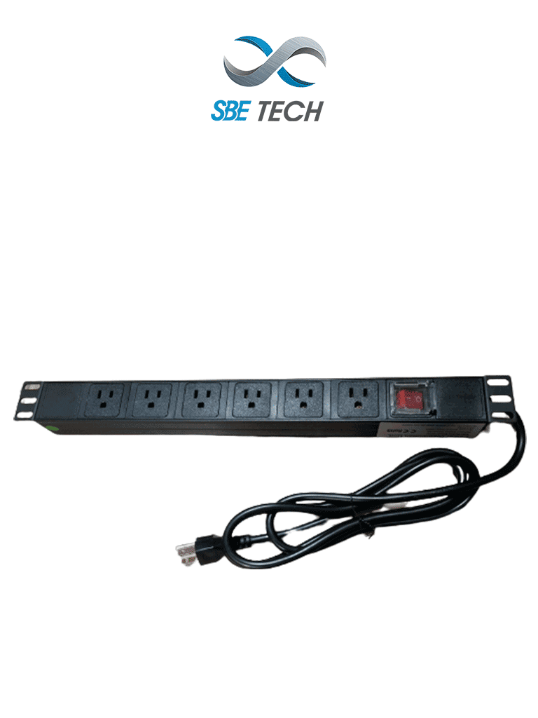 SBETECH SBE-TC006VSP - Barra de 6 contactos polarizados 5-51R, montaje horizontal 19" y 1U, con clavija de 1.8m y multicontactos #MCI2