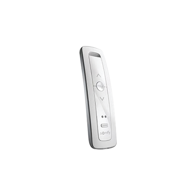 Control remoto 2 canales para motores de persiana Somfy con señal inalámbrica, instrucciones: sube, baja y detener, con posición favorita programada.