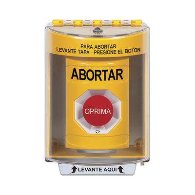 Botón de Abortar, Texto en Español, Tapa Protectora de Policarbonato Súper Resistente, Girar para restablecer