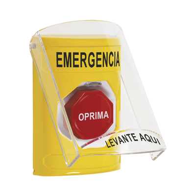 ​Botón Multipropósito, Color Amarillo, De Superficie, Con Tapa De Policarbonato, Con Bocina Pre Alarma, Para Interior, Llave Para Restablecer, Texto De Emergencia, Español