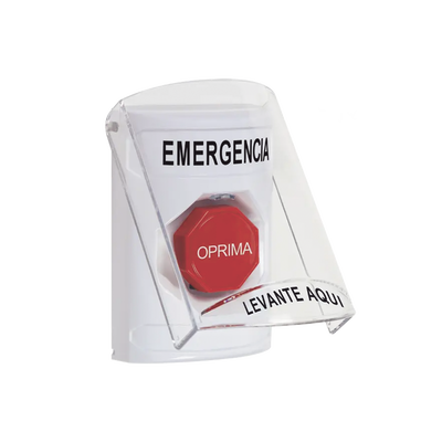 ​Botón Multipropósito, Color Blanco, De Superficie, Con Tapa De Policarbonato, Con Bocina Pre Alarma, Para Interior, Llave Para Restablecer, Texto De Emergencia, Español