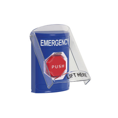 Botón Multipropósito, Color Azul, De Superficie, Con Tapa De Policarbonato, Con Bocina Pre Alarma, Para Interior, Llave Para Restablecer, Texto De Emergencia, Ingles