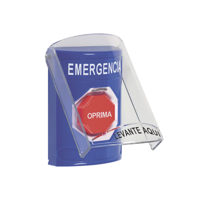 ​Botón Multipropósito, Color Azul, De Superficie, Con Tapa De Policarbonato, Con Bocina Pre Alarma, Para Interior, Llave Para Restablecer, Texto De Emergencia, Español