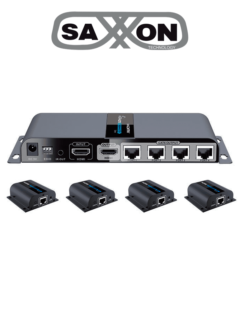 SAXXON LKV714PRO- Kit Extensor HDMI de 4 Puertos/ Resolución 1080p/ Hasta 40 metros/ Cat 6/ 6A/ 7/ Loop HDMI/ Transmisor IR/ Plug and play 