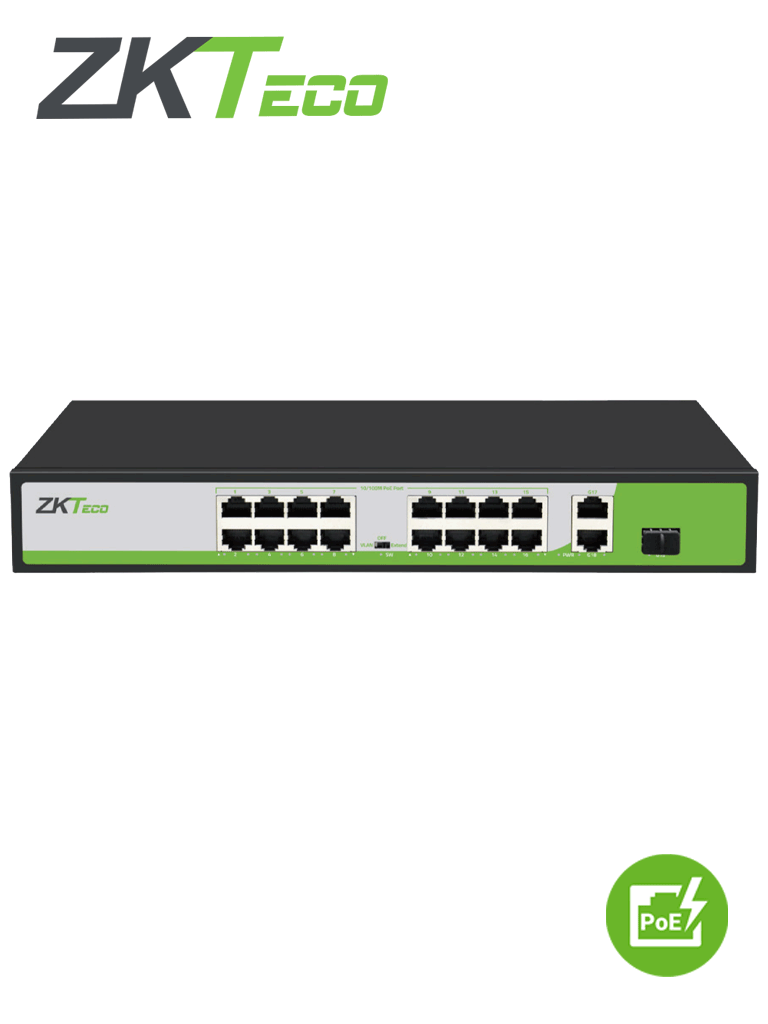ZKTECO PE162200C - Switch de 16 Puertos Fast Ethernet PoE AF - AT / 2 Puertos RJ45 10/100/1000M + 1 Puerto SFP 1G / PoE+ hasta 30W por puerto / Soporta hasta 250 mts sobre UTP CAT 6 / Autoadaptación MDI - MDIX / Protección Contra Descargas