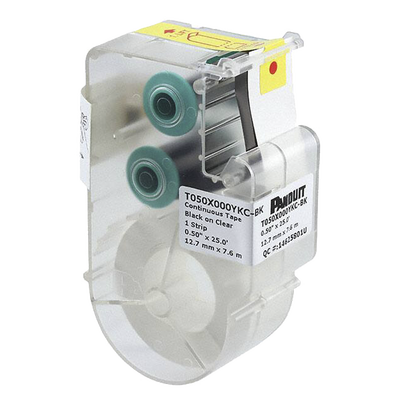 Casete de Etiquetas de Poliéster de Cinta Continua, Color Negro sobre Transparente, Uso Interior/Exterior Resistente a Rayos UV, 12.7 mm de Ancho x 7.6 metros de Largo