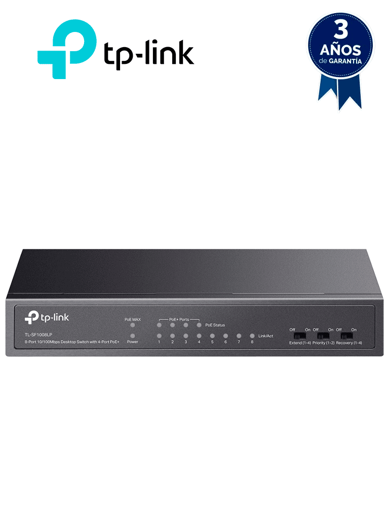 TP-LINK TL-SF1008LP - Switch PoE no administrable con 8 puertos Fast Ethernet, incluidos 4 puertos PoE AF. Ofrece un presupuesto PoE de hasta 41W y soporta modo extendido para conexiones de hasta 250m. #MCI2