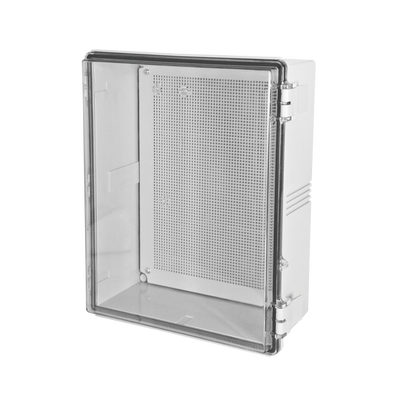Gabinetes NEMA, cuerpo gris, cubierta transparente (400 x 500 x 160 mm), para interior y exterior, incluye panel