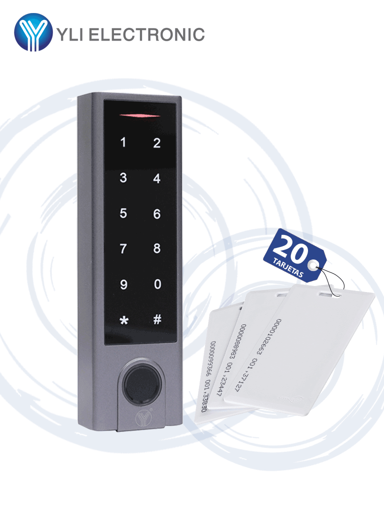 YLI YK1068APAK - Teclado touch para control de acceso standalone con métodos de verificación por huella, tarjetas ID o password / Soporta equipos esclavo por protocolo Wiegand / Señales NC y NO / Contiene 20tarjetas #tarjetasgratis