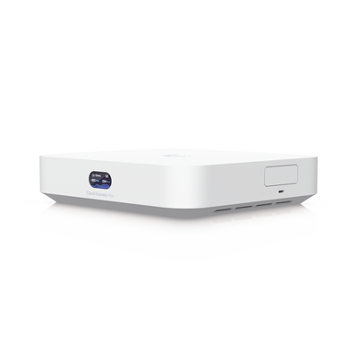 UniFi Cloud Gateway MAX, Router con todos los servicios UniFi, administra hasta 30 dispositivos UniFi y 300 clientes. 1 pto WAN 2.5G, 4 pts LAN 1G (uno configurable como WAN), seguridad IDS/IPS, VPN, bloqueo de apps/URLs, 512 GB memoria interna