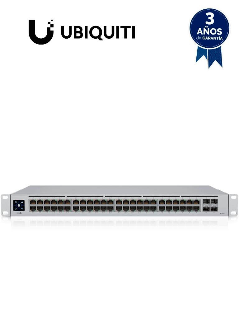UBIQUITI USW-48-POE UniFi Switch de Capa 2 con 48 puertos (32 PoE 802.3af/at + 16 Gigabit) y 4 puertos 1G SFP, con una potencia de 195W y pantalla informativa. #UBM2