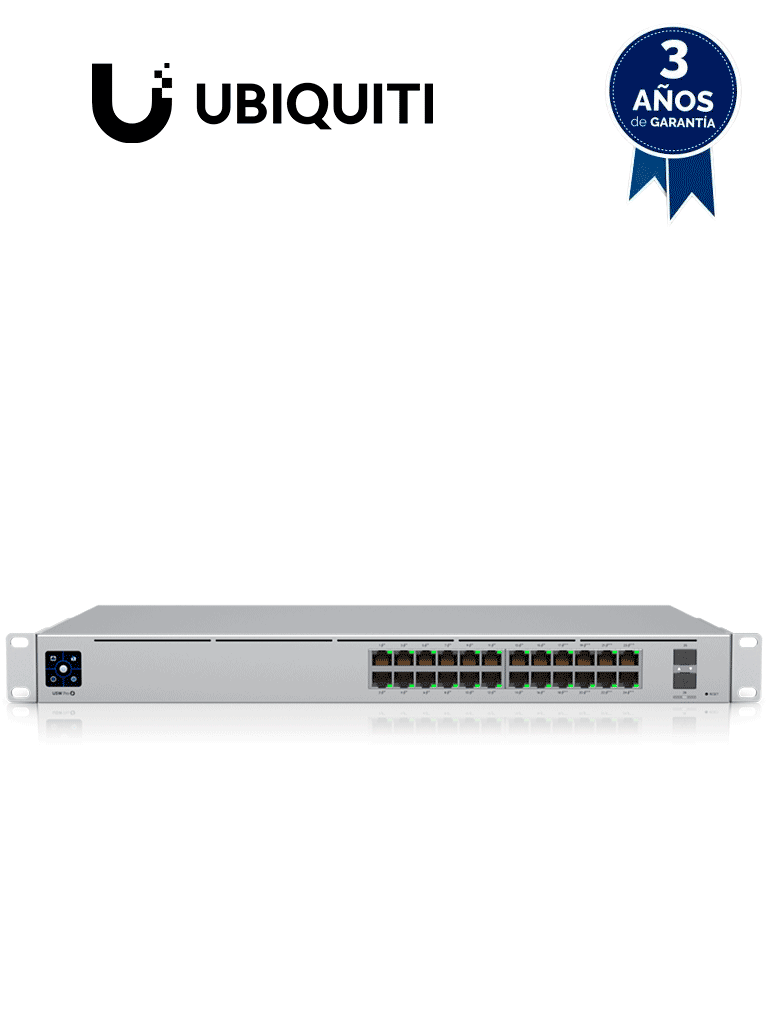 UBIQUITI USW-PRO-24-POE  - UniFi Switch Gigabit PoE PRO con 24 puertos PoE Gigabit Ethernet, 2 puertos SFP+, 400W de potencia PoE, pantalla informativa, compatible con PoE at y PoE bt.